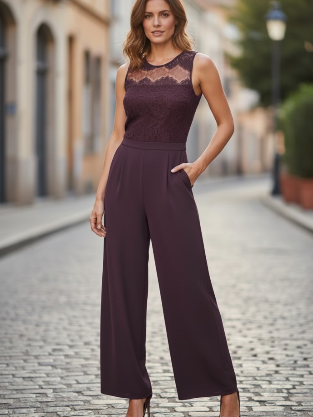 🤩 BB Dakota Burgundy/Purple Sleeveless Crepe Wide-Leg Jumpsuit - size 4
